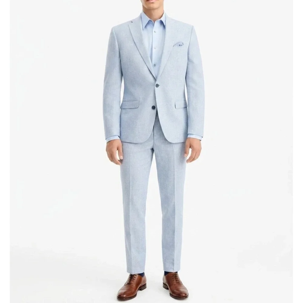 Bar III Men's Slim Fit 2 Piece Suit Jacket 44R Pant 36W 30L Blue Linen Cotton